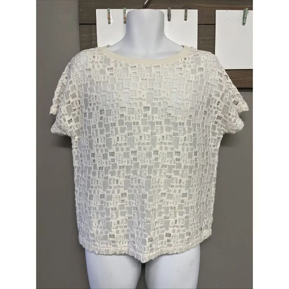 Vince. Women’s Ivory Round Neck Short Sleeve Sheer Pullover Relaxed Shirt- Small